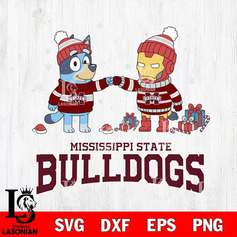 Mississippi State Bulldogs Bluey With Iron man Christmas File Cut, NCAA SVG DXF EPS PNG FILE, Digital Download,Instant Download, Silhouette