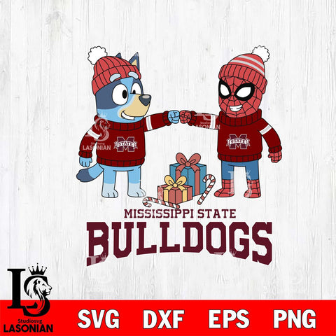 Mississippi State Bulldogs Bluey With Spider man Christmas File Cut, NCAA SVG DXF EPS PNG FILE, Digital Download,Instant Download, Silhouette