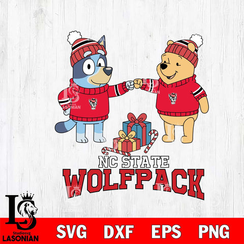 NC State Wolfpack Bluey With Winnie The Pooh Christmas File Cut, NCAA SVG DXF EPS PNG FILE, Digital Download,Instant Download, Silhouette