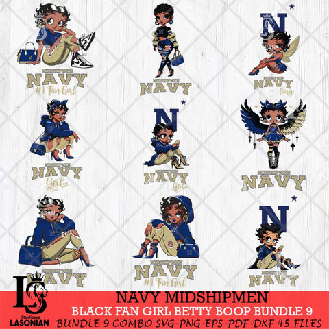 Navy Midshipmen Black Fan Girl Betty Boop Bundle 9, Svg Eps Dxf Png File, Digital Download