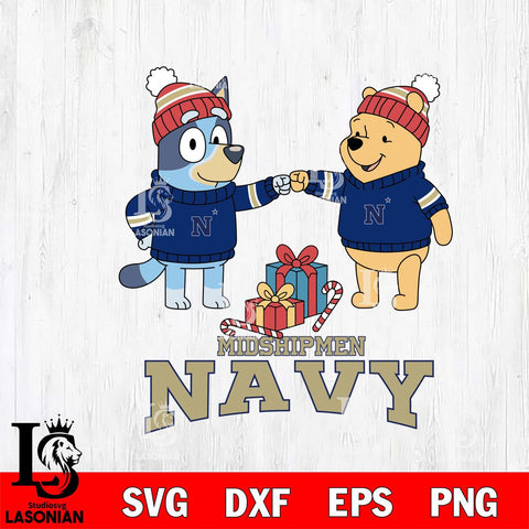 Navy Midshipmen Bluey With Winnie The Pooh Christmas File Cut, NCAA SVG DXF EPS PNG FILE, Digital Download,Instant Download, Silhouette