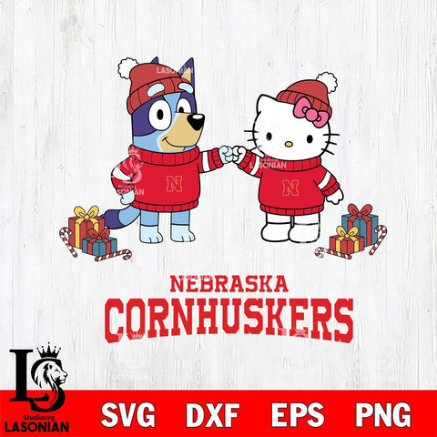 Nebraska Cornhuskers Bluey With Hello kitty Christmas File Cut, NCAA SVG DXF EPS PNG FILE, Digital Download,Instant Download, Silhouette