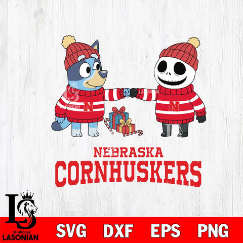 Nebraska Cornhuskers Bluey With Jack Skellington Christmas File Cut, NCAA SVG DXF EPS PNG FILE, Digital Download,Instant Download, Silhouette