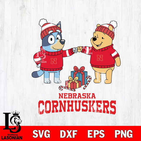 Nebraska Cornhuskers Bluey With Winnie The Pooh Christmas File Cut, NCAA SVG DXF EPS PNG FILE, Digital Download,Instant Download, Silhouette