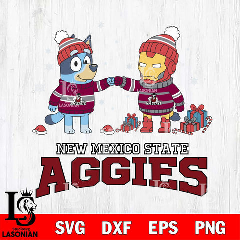 New Mexico State Aggies Bluey With Iron man Christmas File Cut, NCAA SVG DXF EPS PNG FILE, Digital Download,Instant Download, Silhouette