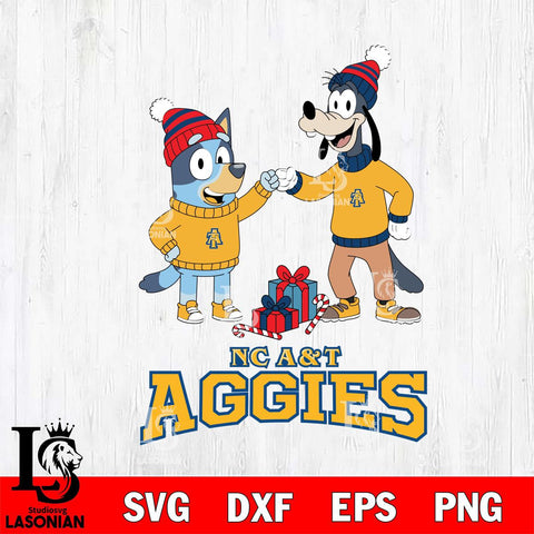 North Carolina A&T Bluey With Goofy Christmas File Cut, NCAA SVG DXF EPS PNG FILE, Digital Download,Instant Download, Silhouette