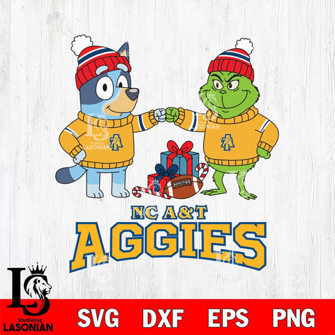 North Carolina A&T Bluey With Grinch Christmas File Cut, NCAA SVG DXF EPS PNG FILE, Digital Download,Instant Download, Silhouette