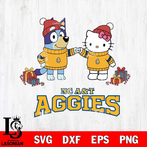 North Carolina A&T Bluey With Hello kitty Christmas File Cut, NCAA SVG DXF EPS PNG FILE, Digital Download,Instant Download, Silhouette
