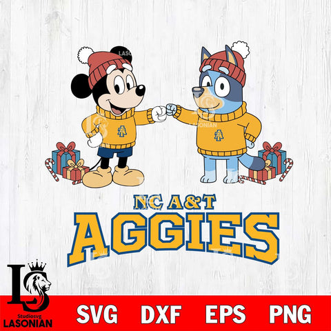 North Carolina A&T Bluey With Mickey Christmas File Cut, NCAA SVG DXF EPS PNG FILE, Digital Download,Instant Download, Silhouette