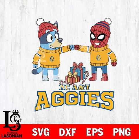 North Carolina A&T Bluey With Spider man Christmas File Cut, NCAA SVG DXF EPS PNG FILE, Digital Download,Instant Download, Silhouette