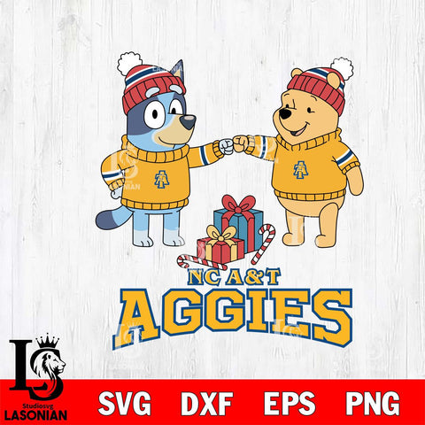 North Carolina A&T Bluey With Winnie The Pooh Christmas File Cut, NCAA SVG DXF EPS PNG FILE, Digital Download,Instant Download, Silhouette