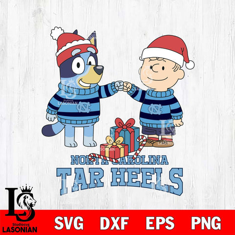 North Carolina Tar Heels Bluey With Charlie Brown Christmas File Cut, NCAA SVG DXF EPS PNG FILE, Digital Download,Instant Download, Silhouette