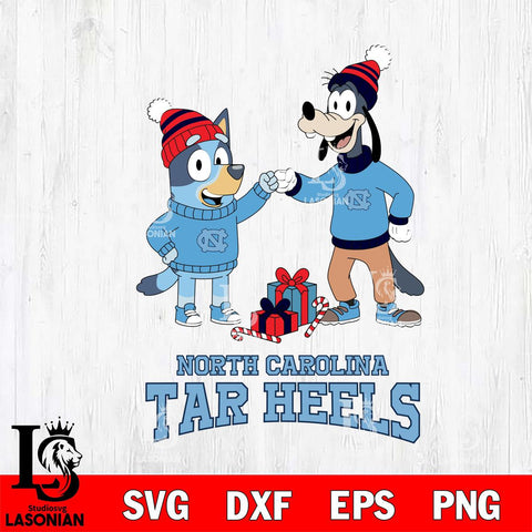 North Carolina Tar Heels Bluey With Goofy Christmas File Cut, NCAA SVG DXF EPS PNG FILE, Digital Download,Instant Download, Silhouette