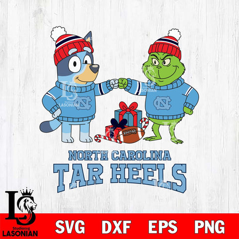 North Carolina Tar Heels Bluey With Grinch Christmas File Cut, NCAA SVG DXF EPS PNG FILE, Digital Download,Instant Download, Silhouette