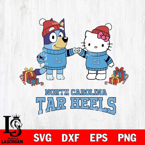 North Carolina Tar Heels Bluey With Hello kitty Christmas File Cut, NCAA SVG DXF EPS PNG FILE, Digital Download,Instant Download, Silhouette