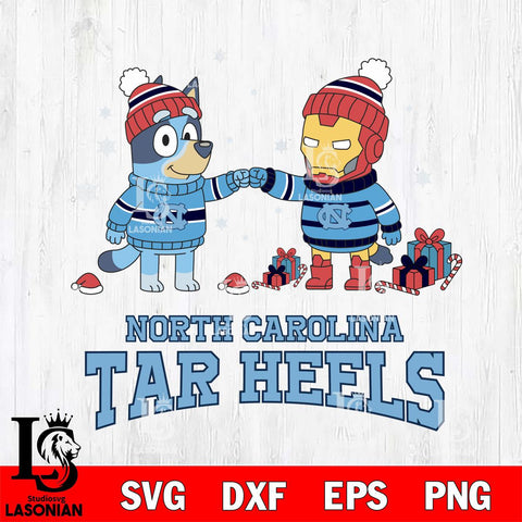 North Carolina Tar Heels Bluey With Iron man Christmas File Cut, NCAA SVG DXF EPS PNG FILE, Digital Download,Instant Download, Silhouette