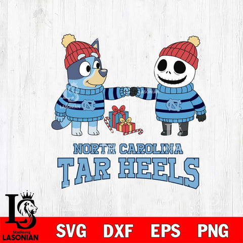 North Carolina Tar Heels Bluey With Jack Skellington Christmas File Cut, NCAA SVG DXF EPS PNG FILE, Digital Download,Instant Download, Silhouette