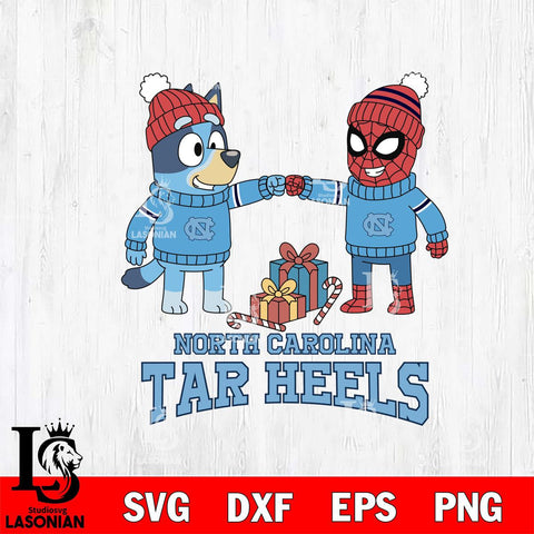 North Carolina Tar Heels Bluey With Spider man Christmas File Cut, NCAA SVG DXF EPS PNG FILE, Digital Download,Instant Download, Silhouette