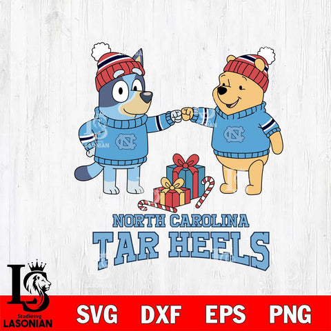 North Carolina Tar Heels Bluey With Winnie The Pooh Christmas File Cut, NCAA SVG DXF EPS PNG FILE, Digital Download,Instant Download, Silhouette