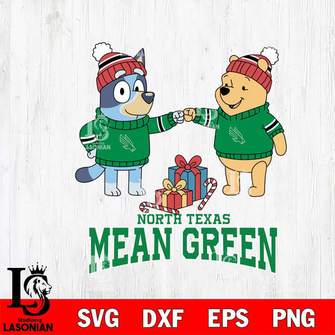 North Texas Mean Green Bluey With Winnie The Pooh Christmas File Cut, NCAA SVG DXF EPS PNG FILE, Digital Download,Instant Download, Silhouette