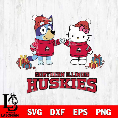 Northern Illinois Huskies Bluey With Hello kitty Christmas File Cut, NCAA SVG DXF EPS PNG FILE, Digital Download,Instant Download, Silhouette