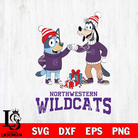 Northwestern Wildcats Bluey With Goofy Christmas File Cut, NCAA SVG DXF EPS PNG FILE, Digital Download,Instant Download, Silhouette