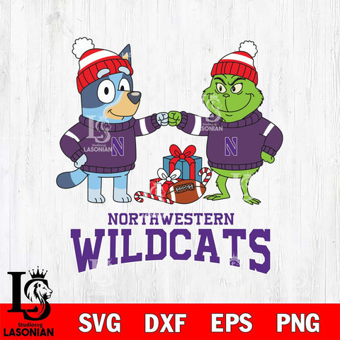 Northwestern Wildcats Bluey With Grinch Christmas File Cut, NCAA SVG DXF EPS PNG FILE, Digital Download,Instant Download, Silhouette