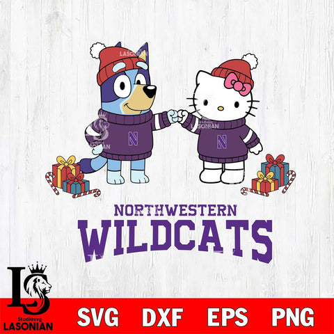 Northwestern Wildcats Bluey With Hello kitty Christmas File Cut, NCAA SVG DXF EPS PNG FILE, Digital Download,Instant Download, Silhouette