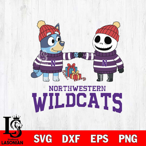 Northwestern Wildcats Bluey With Jack Skellington Christmas File Cut, NCAA SVG DXF EPS PNG FILE, Digital Download,Instant Download, Silhouette