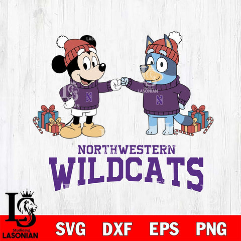 Northwestern Wildcats Bluey With Mickey Christmas File Cut, NCAA SVG DXF EPS PNG FILE, Digital Download,Instant Download, Silhouette