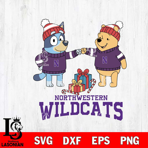 Northwestern Wildcats Bluey With Winnie The Pooh Christmas File Cut, NCAA SVG DXF EPS PNG FILE, Digital Download,Instant Download, Silhouette