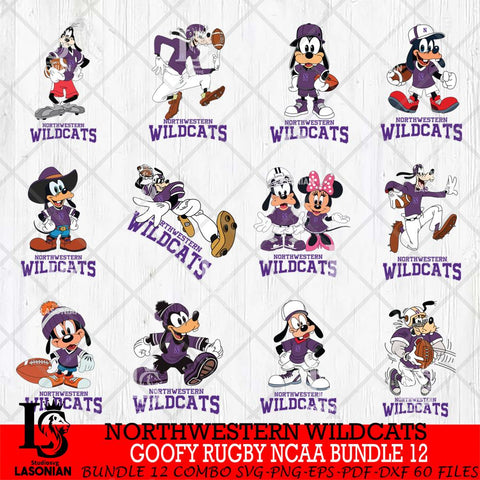 Northwestern Wildcats Goofy Rugby Disney NCAA Bundle 12 SVG DXF EPS PNG FILE,NCAA bundle svg ,Football Digital Download,Instant Download, Silhouette