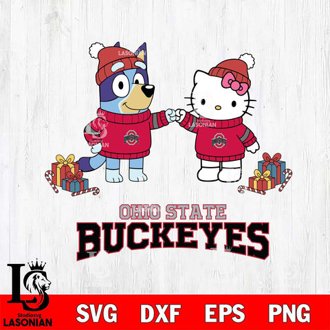 Ohio State Buckeyes Bluey With Hello kitty Christmas File Cut, NCAA SVG DXF EPS PNG FILE, Digital Download,Instant Download, Silhouette
