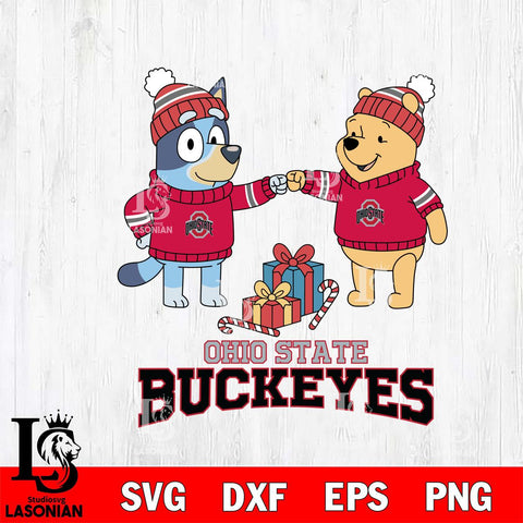 Ohio State Buckeyes Bluey With Winnie The Pooh Christmas File Cut, NCAA SVG DXF EPS PNG FILE, Digital Download,Instant Download, Silhouette