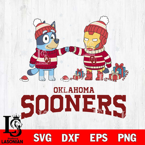 Oklahoma Sooners Bluey With Iron man Christmas File Cut, NCAA SVG DXF EPS PNG FILE, Digital Download,Instant Download, Silhouette