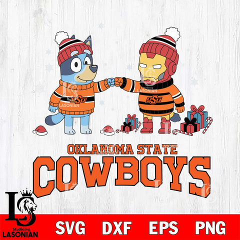 Oklahoma State Cowboys Bluey With Iron man Christmas File Cut, NCAA SVG DXF EPS PNG FILE, Digital Download,Instant Download, Silhouette