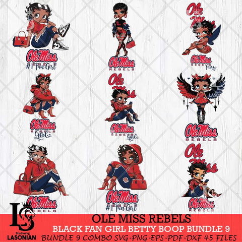Ole Miss Rebels Black Fan Girl Betty Boop Bundle 9, Svg Eps Dxf Png File, Digital Download