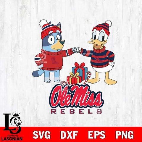 Ole Miss Rebels Bluey With Donald Duck Christmas File Cut, NCAA SVG DXF EPS PNG FILE, Digital Download,Instant Download, Silhouette