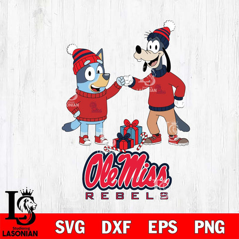 Ole Miss Rebels Bluey With Goofy Christmas File Cut, NCAA SVG DXF EPS PNG FILE, Digital Download,Instant Download, Silhouette