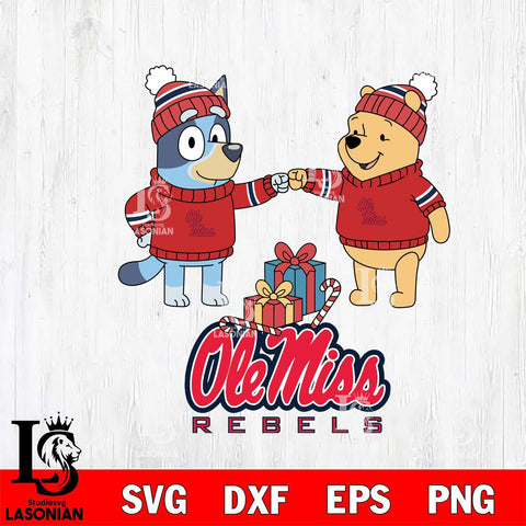 Ole Miss Rebels Bluey With Winnie The Pooh Christmas File Cut, NCAA SVG DXF EPS PNG FILE, Digital Download,Instant Download, Silhouette