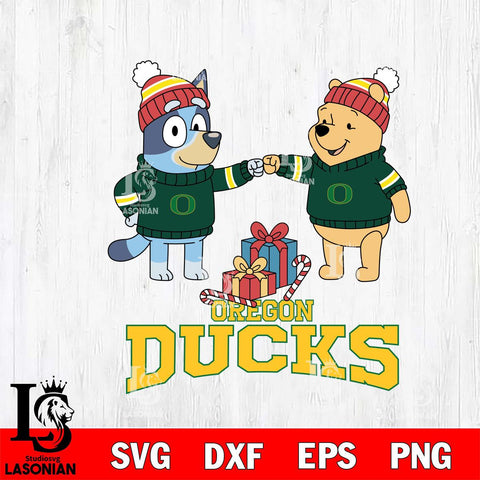 Oregon Ducks Bluey With Winnie The Pooh Christmas File Cut, NCAA SVG DXF EPS PNG FILE, Digital Download,Instant Download, Silhouette
