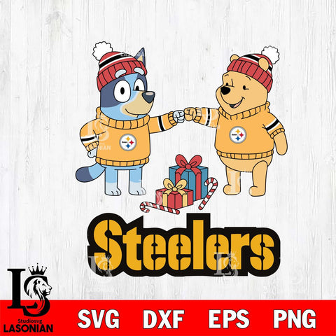 Pittsburgh Steelers Bluey With Winnie The Pooh Christmas Cricut,Christmas SVG DXF EPS PNG FILE, Digital Download,Instant Download, Silhouette