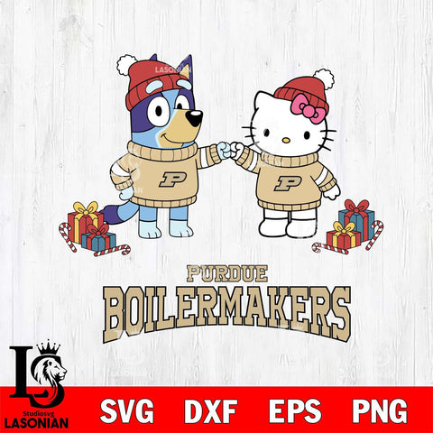 Purdue Boilermakers Bluey With Hello kitty Christmas File Cut, NCAA SVG DXF EPS PNG FILE, Digital Download,Instant Download, Silhouette