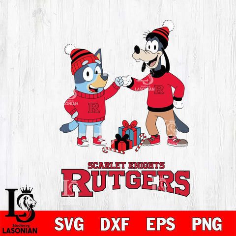 Rutgers Scarlet Knights Bluey With Goofy Christmas File Cut, NCAA SVG DXF EPS PNG FILE, Digital Download,Instant Download, Silhouette