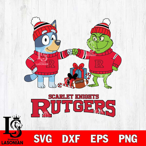 Rutgers Scarlet Knights Bluey With Grinch Christmas File Cut, NCAA SVG DXF EPS PNG FILE, Digital Download,Instant Download, Silhouette