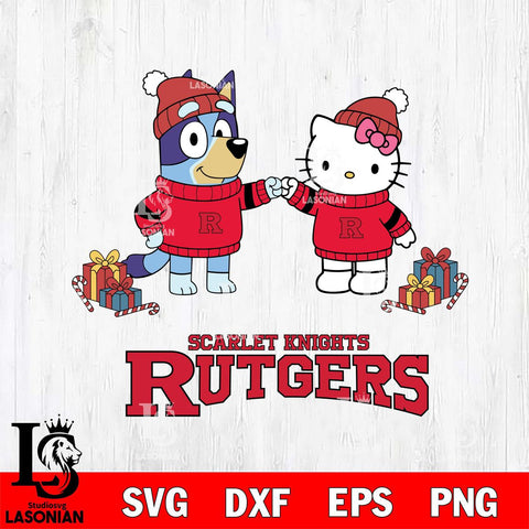 Rutgers Scarlet Knights Bluey With Hello kitty Christmas File Cut, NCAA SVG DXF EPS PNG FILE, Digital Download,Instant Download, Silhouette