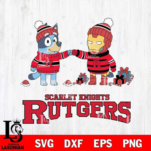 Rutgers Scarlet Knights Bluey With Iron man Christmas File Cut, NCAA SVG DXF EPS PNG FILE, Digital Download,Instant Download, Silhouette