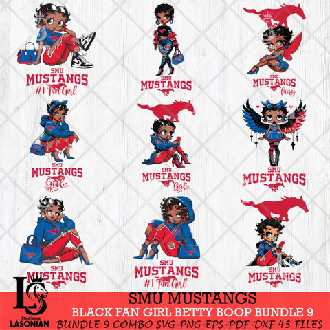 SMU Mustangs Black Fan Girl Betty Boop Bundle 9, Svg Eps Dxf Png File, Digital Download