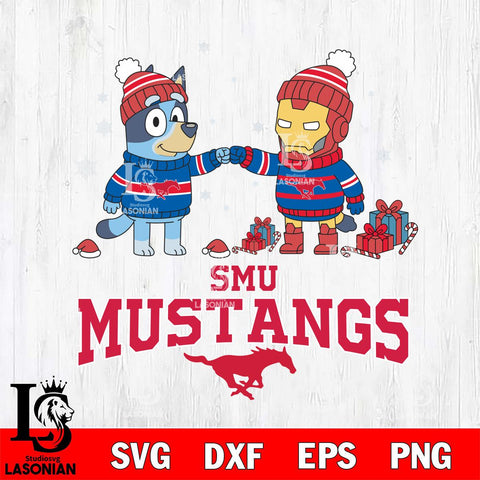 SMU Mustangs Bluey With Iron man Christmas File Cut, NCAA SVG DXF EPS PNG FILE, Digital Download,Instant Download, Silhouette