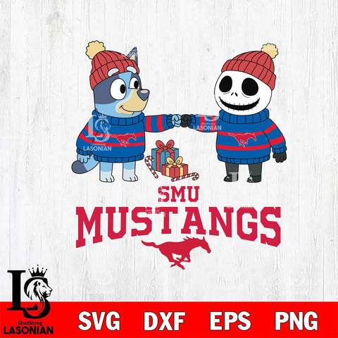 SMU Mustangs Bluey With Jack Skellington Christmas File Cut, NCAA SVG DXF EPS PNG FILE, Digital Download,Instant Download, Silhouette